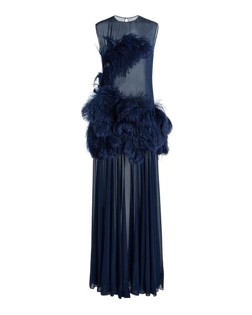 FFORME Hana Feather-Embroidered Chiffon Maxi Dress in Blue