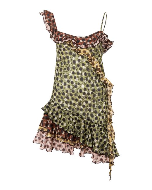 Siedres Green Mimika Ruffled Polka-Dot Cotton Mini Dress