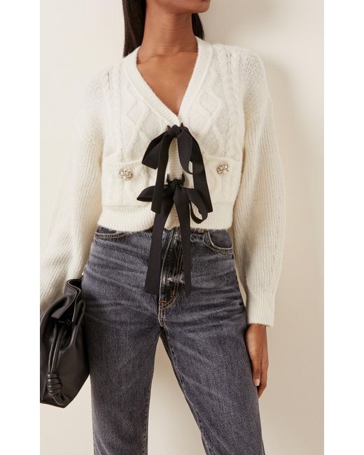 Self-Portrait Bow-embellished Cable-knit Cardigan | Lyst