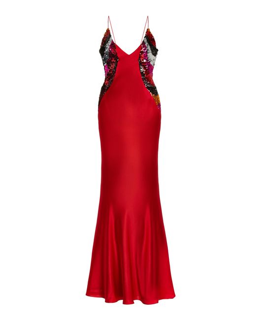 Halpern Red Sequined Two-tone Satin Maxi Dress