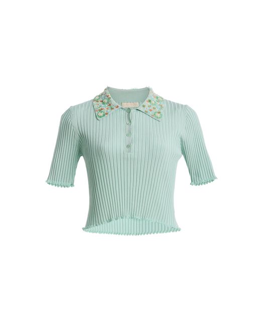 Ulla Johnson Green Esther Embellished Cropped Knit Top