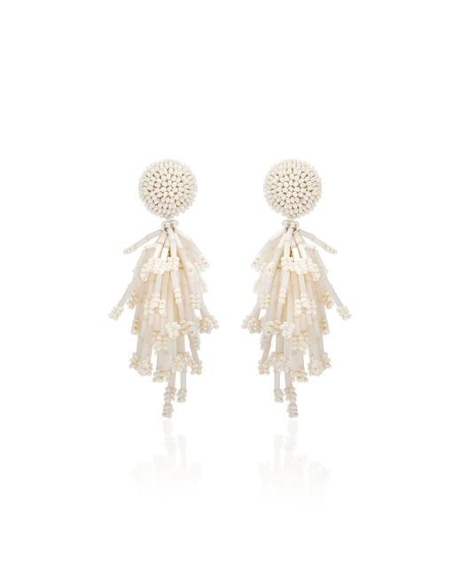 Oscar de la Renta White Fringed Tassel Clip-On Earrings