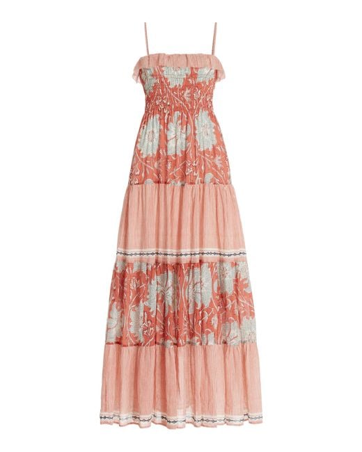 BOTEH Pink De Flore Shirred Cotton Maxi Dress