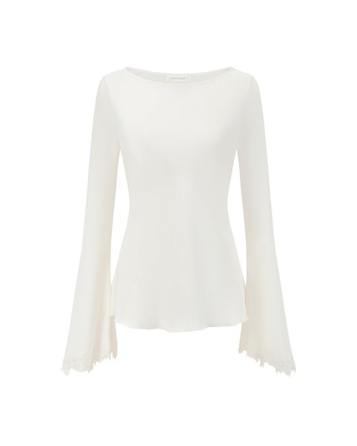 Into The East White Heavy Silk Lace Paneled Silk Top