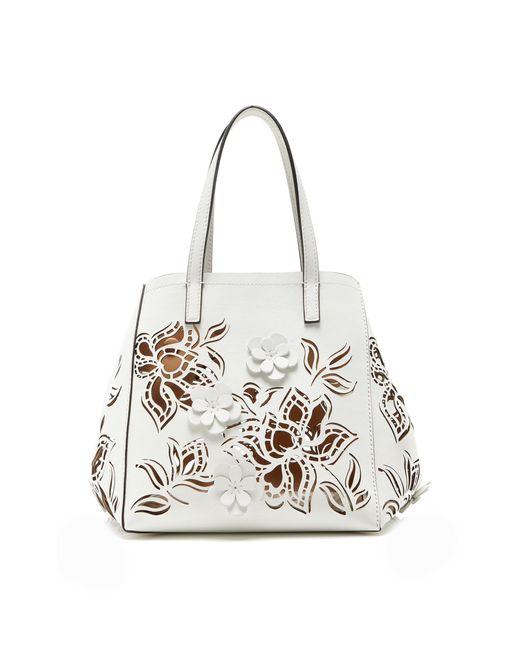 Oscar de la Renta White Small Lasercut-floral Leather Tote Bag