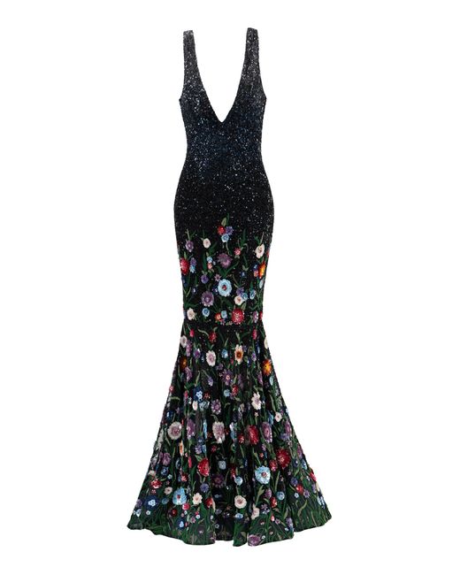 La Fuori Black Moonlit Bloom Garden Embellished Gown