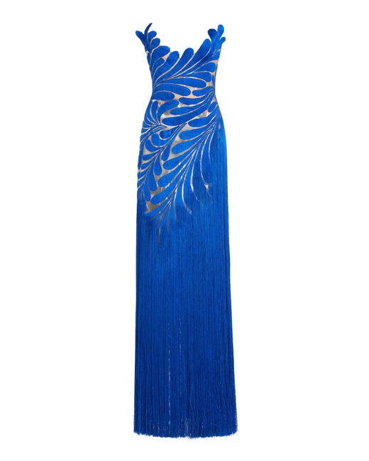 Oscar de la Renta Blue Fringed Silk Gown