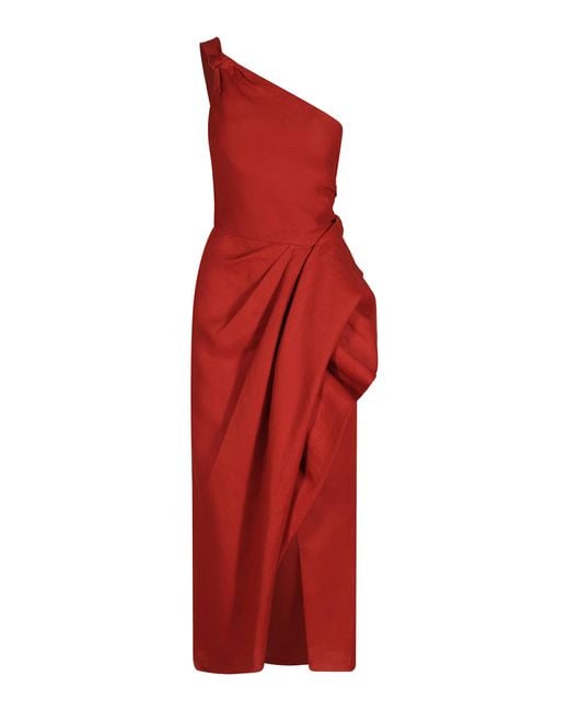 Johanna Ortiz Red Salsero One-Shoulder Linen Maxi Dress
