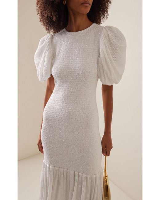 ROTATE BIRGER CHRISTENSEN White Smocked Sequin Midi Dress
