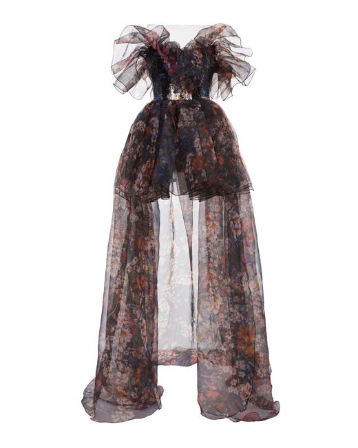 Elie Saab Multicolor Floral Printed Organza Poufy Bustier Gown