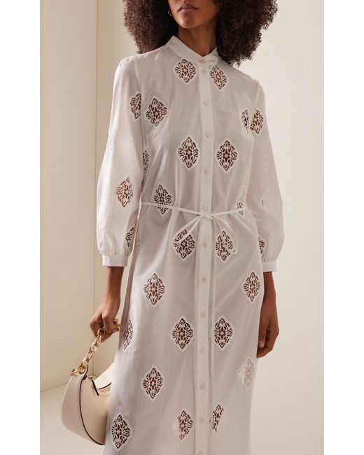 Erdem White Embroidered Cotton-blend Midi Shirt Dress