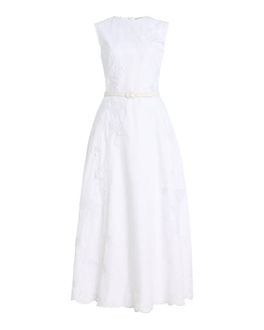 Oscar de la Renta White Embroidered Cotton Poplin Sateen Midi Dress