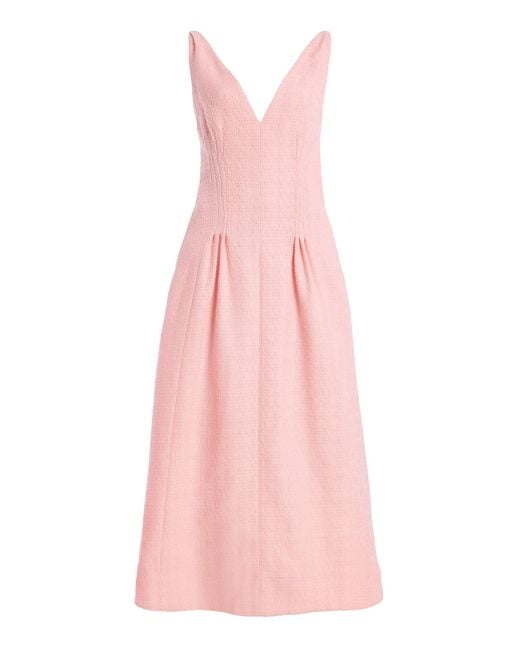 Oscar de la Renta Pink V-Neck Wool-Tweed Midi Dress