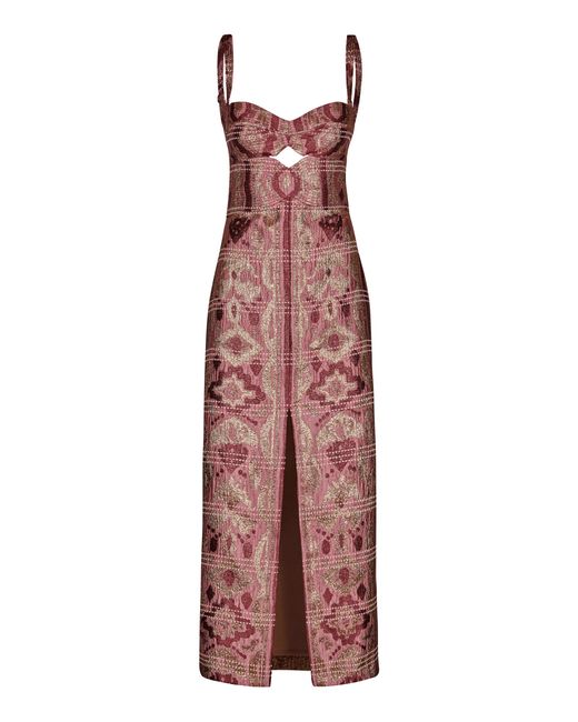 Johanna Ortiz Red Weaver Metallic Tweed Maxi Dress