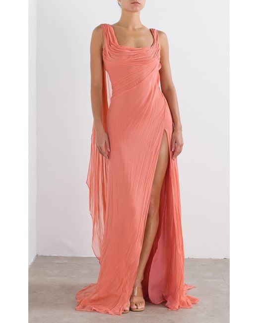 Marmar Halim Red Chiffon Cape Gown