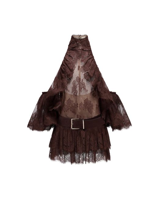 Montsand Brown Ruffled High-Neck Mini Dress