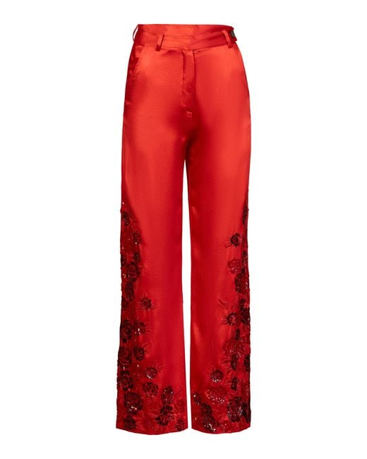 La Fuori Scarlet Rose Embroidered Silk Pants