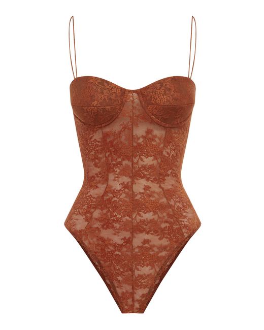 Alex Perry Brown Cupped Sheer Stretch Lace Bodysuit
