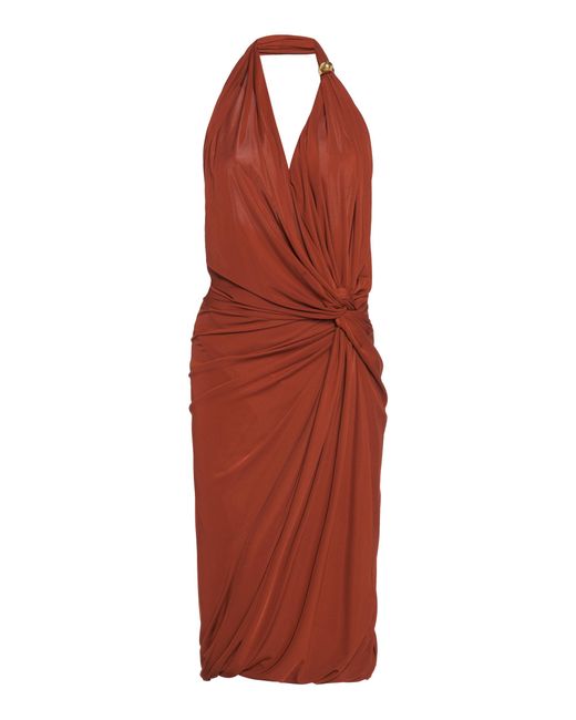 Bottega Veneta Red Draped Jersey Midi Halter Dress