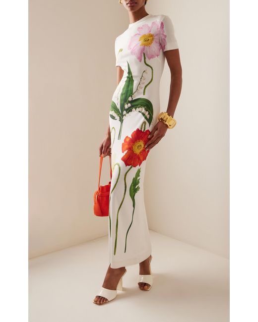 Oscar de la Renta White Floral-printed Jersey Maxi Dress
