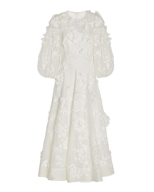 Zimmermann Postcard Floral-appliqued Linen-silk Midi Dress in White | Lyst