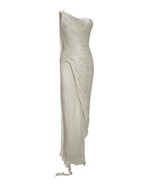 Marmar Halim White Pleated Asymmetric Silk-Chiffon Gown