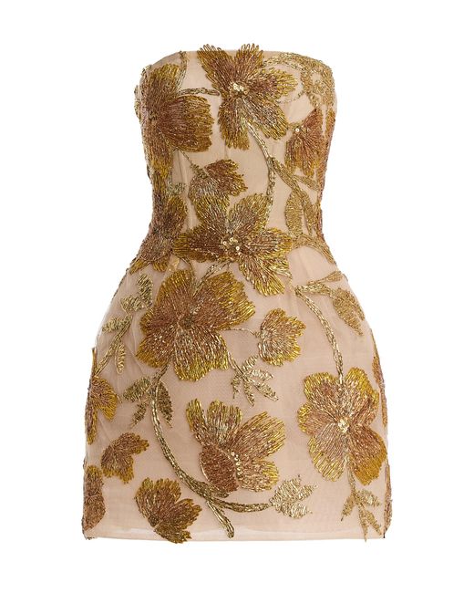 Monique Lhuillier Natural Floral-Embroidered Tulle Mini Dress