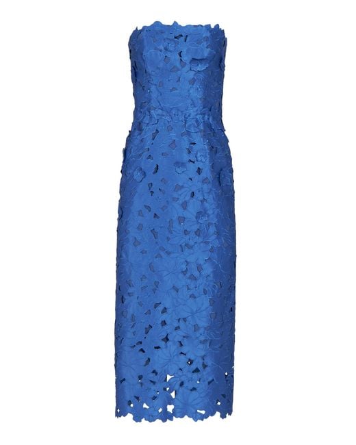 Costarellos Blue Delmara 3D-Appliqued Satin-Lace Strapless Midi Dress