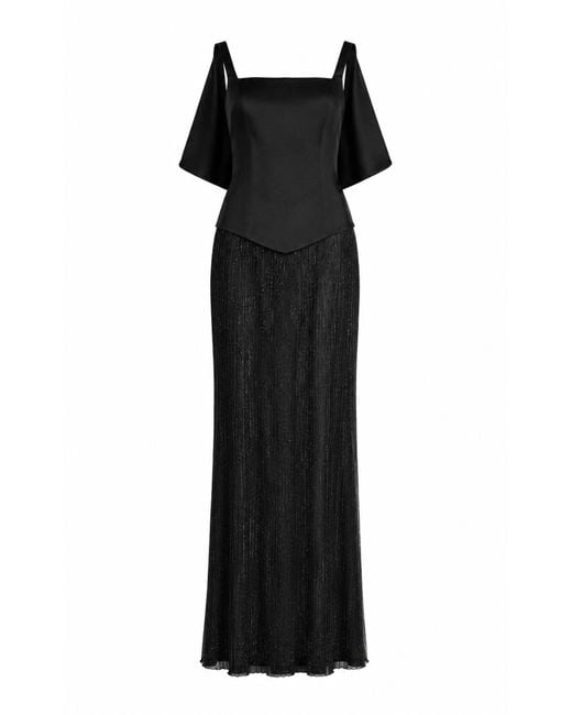 Sandra Mansour Black After Dark Satin Tulle Maxi Dress