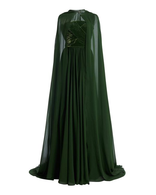 Elie Saab Green Cape-detailed Silk And Velvet Gown