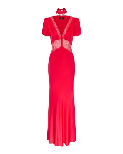De La Vali Red Pavlova Lace-trimmed Silk-blend Maxi Dress