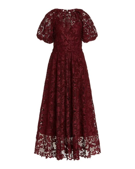 Monique Lhuillier Red Puff-sleeve Lace Tea-length Dress