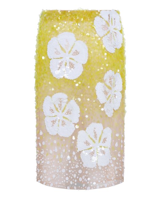 DES_PHEMMES Yellow Hibiscus Low-rise Sequined Midi Skirt