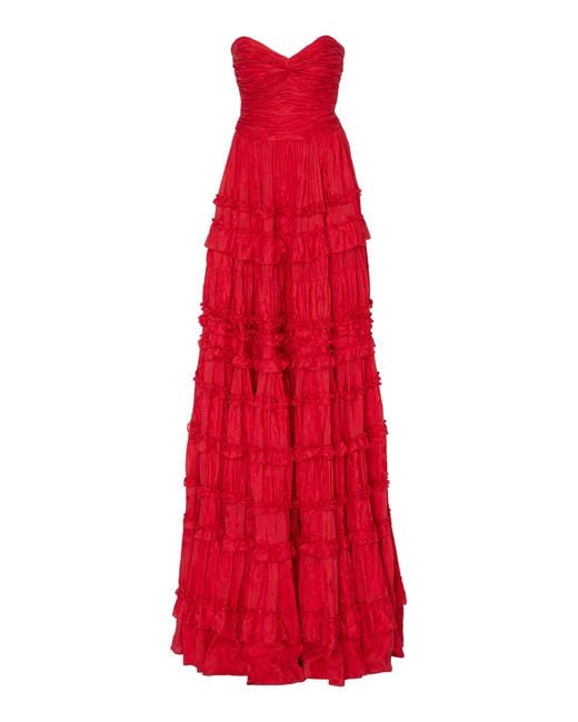 Alexis Red Allora Ruffled Linen And Silk Blend Gown