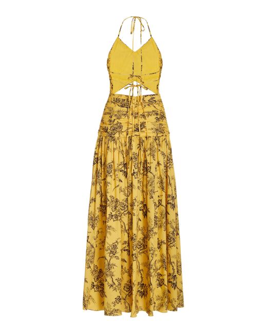 Carolina Herrera Yellow Pleated Cutout Cotton Ankle Length Dress