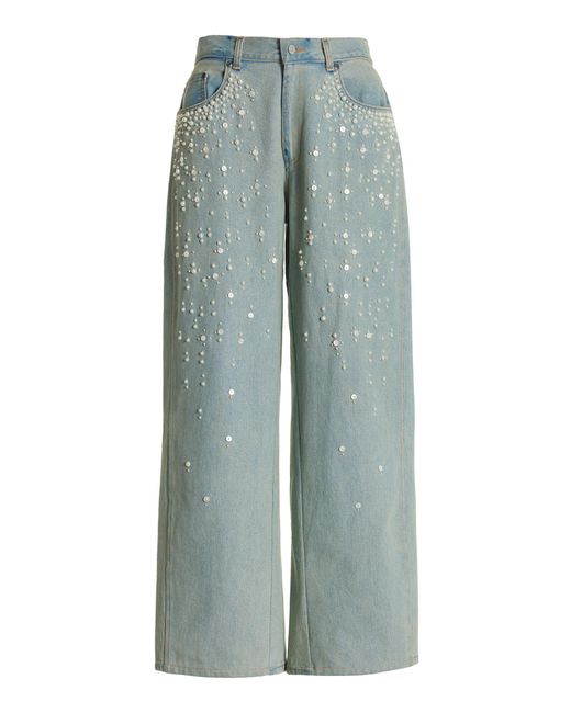 Sea Blue Perlette Embellished Rigid Low-rise Wide-leg Jeans
