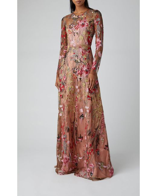 Embroidered Long Pink Formal Gowns With Sleeves