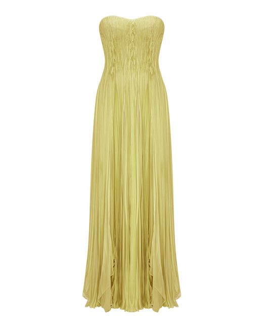 Marmar Halim Yellow Shirred Chiffon Strapless Maxi Dress