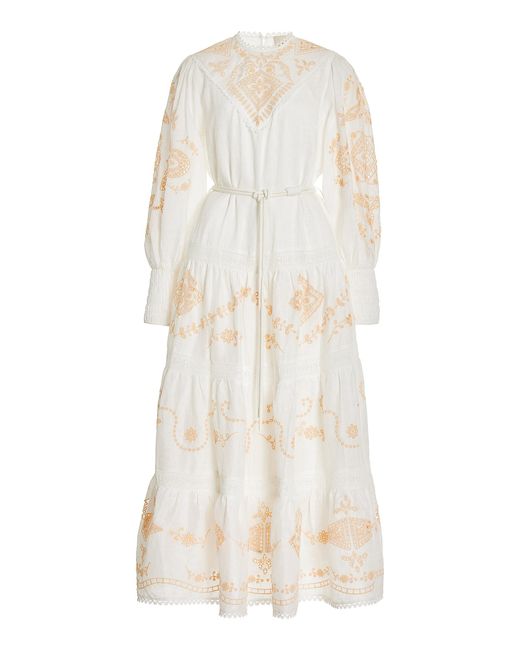 ALÉMAIS White Cecilia Embroidered Linen Midi Dress