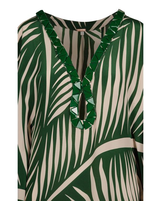 Johanna Ortiz Green Tropicanita Embellished Silk Midi Tunic Dress