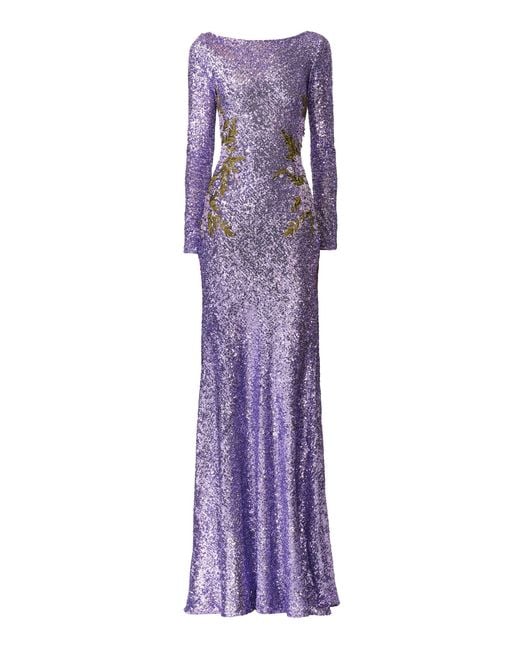 Naeem Khan Purple Long Sleeve Applique Sequined Gown