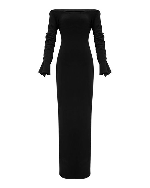 Marmar Halim Black Off-Shoulder Draped Crepe Gown