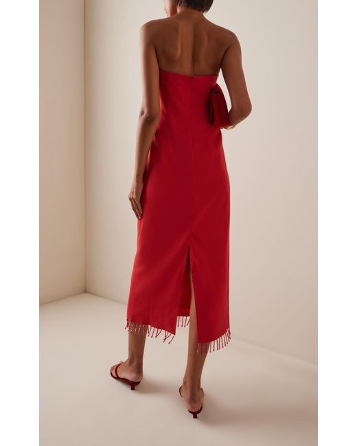 Third Form Red Flame Strapless Linen-Blend Midi Dress