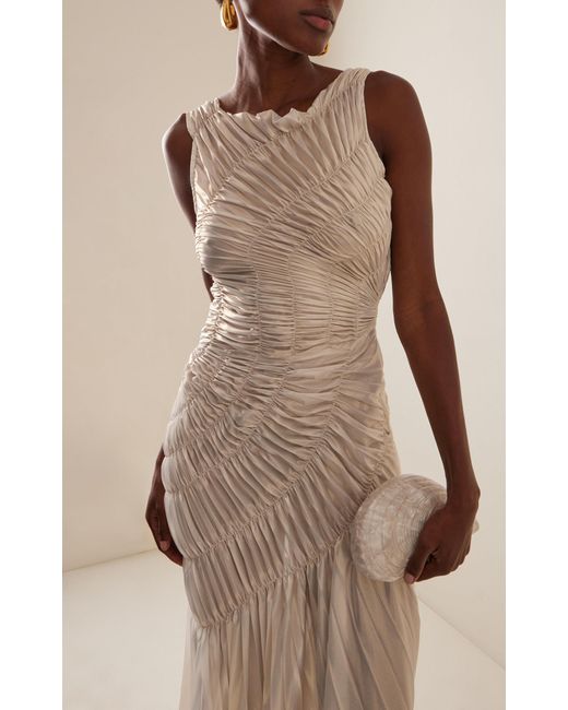 Georgia Hardinge White Exclusive Fossil Shirred Metallic Chiffon Maxi Dress