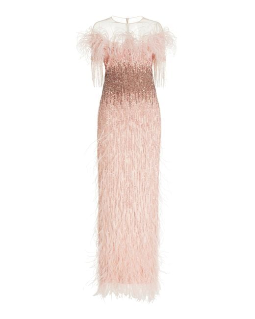 Pamella Roland Pink Sequined Beaded And Fringe Gown