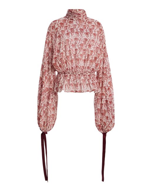 Mel Usine Red Philippa Cotton-Blend Printed Voile Top