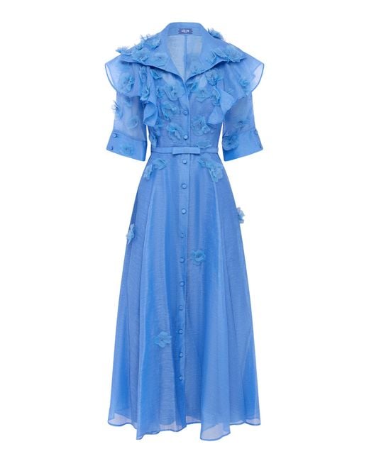 LEO LIN Blue Anya Petal-Embellished Linen-Silk Button-Up Midi Dress