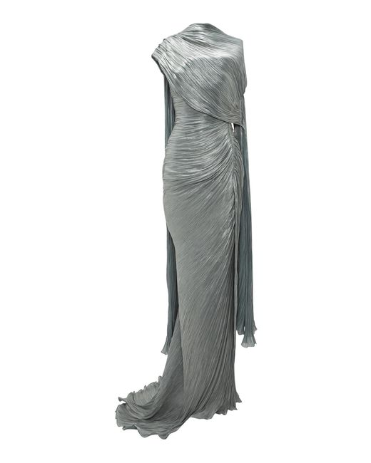 Marmar Halim Gray Pleated Silk Cape Maxi Dress