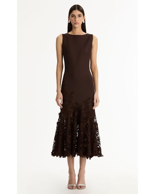 Oscar de la Renta Brown Porcelain Flowers Guipure Midi Dress