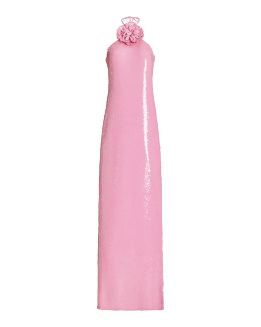 Rodarte Pink Floral-appliquéd Sequined Halter Gown